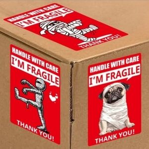 Fragile Labels - Funny Mummy & Dog - 50 count - 3" x 2" - Red Black White